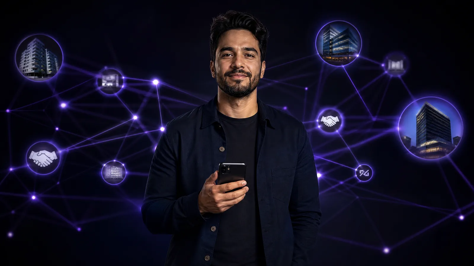 Criador de conteúdo segurando o celular, conectado a uma rede luminosa de empresas e apertos de mão.